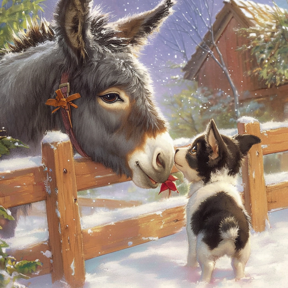 Sweet donkey and puppy in winter snow cross stitch kit for beginners