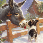 Sweet donkey and puppy in winter snow cross stitch kit for beginners