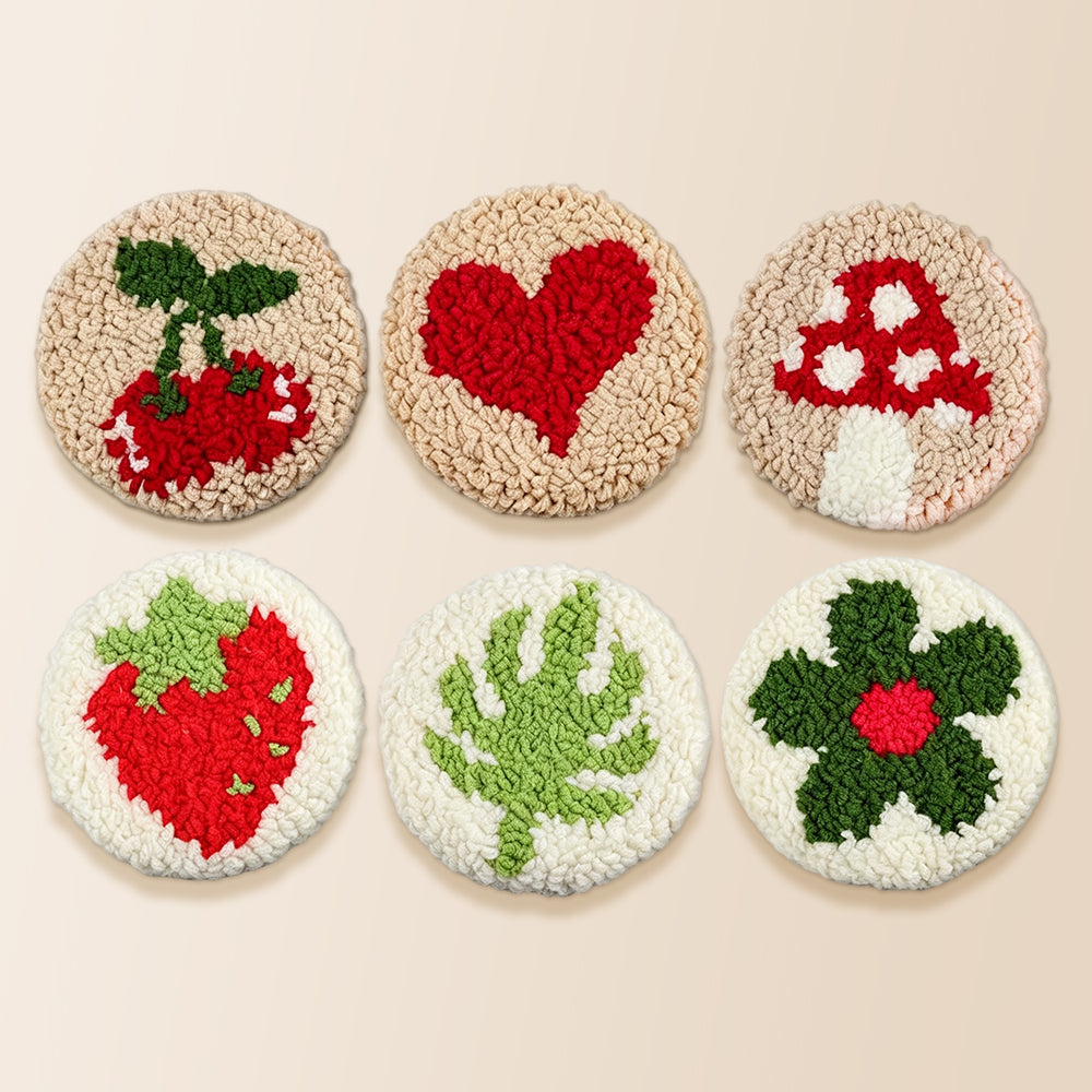 Sweet fruit, heart and mushroom punch needle coaster kit finished handmade coasters