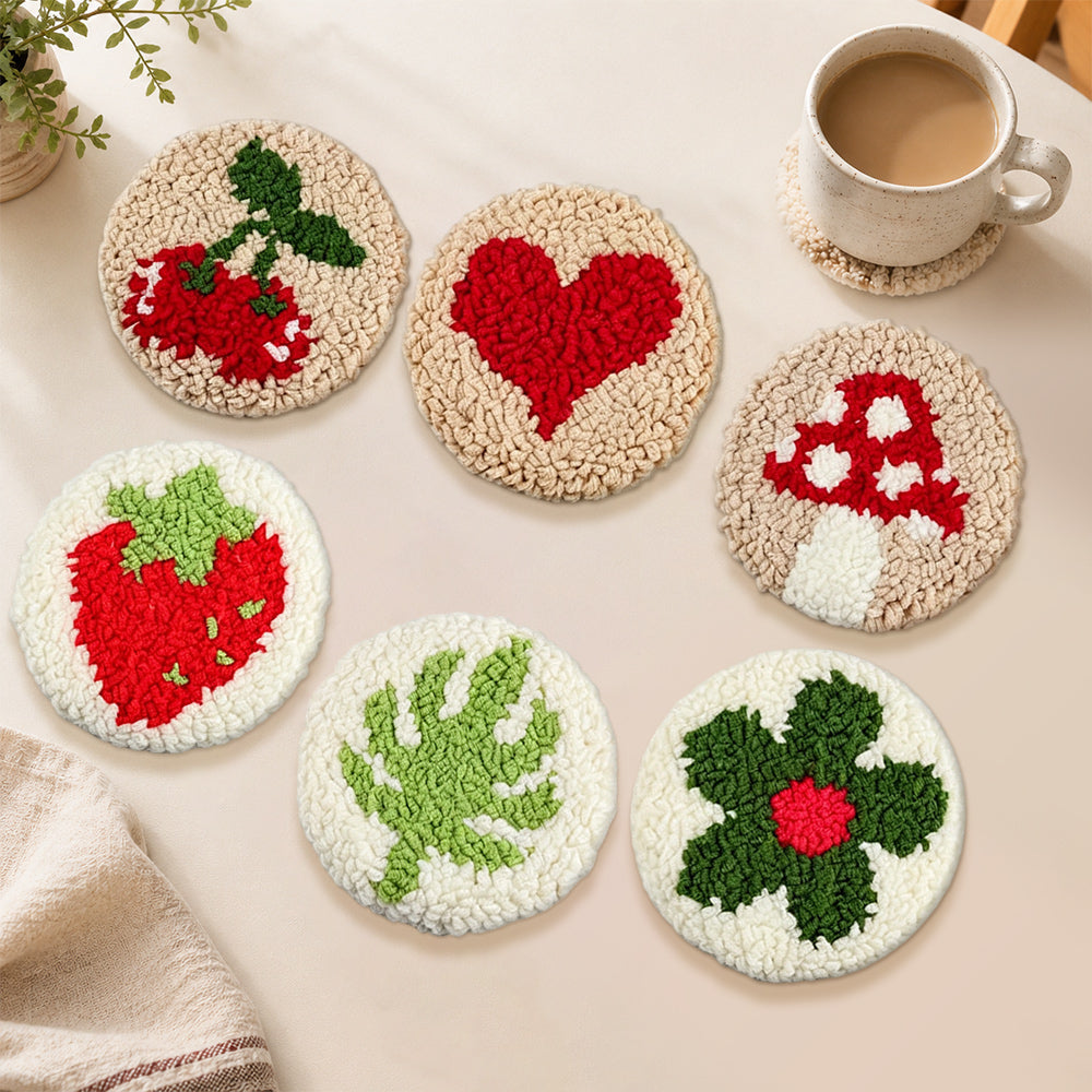 Sweet fruit, heart and mushroom punch needle coasters used for home decoration