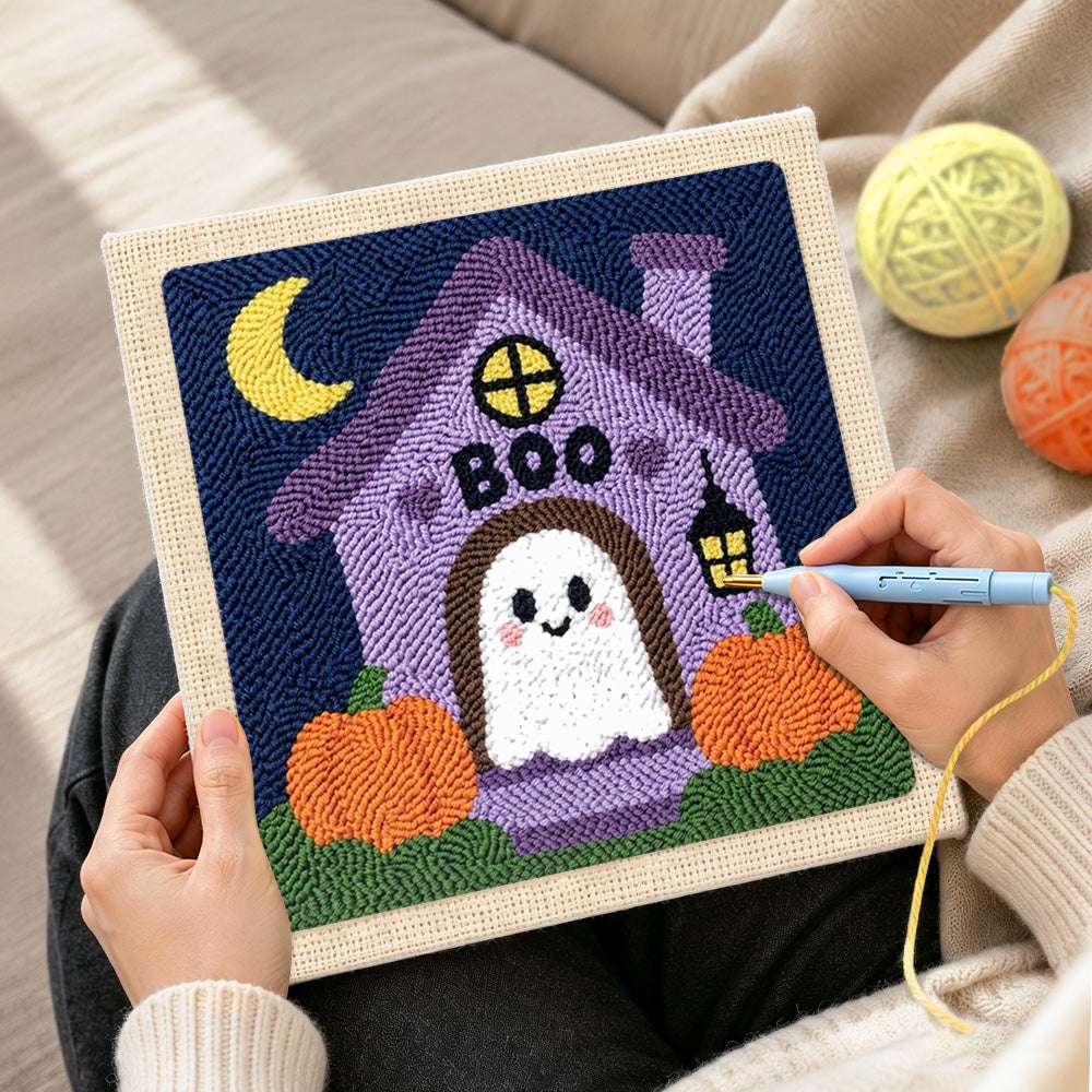 Creating handmade sweet ghost at boo haunted house punch needle artwork
