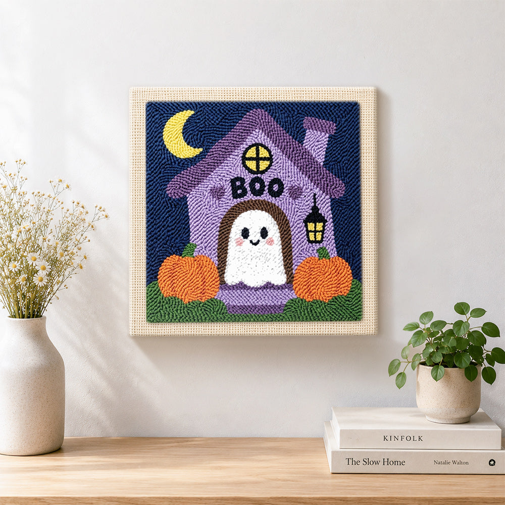 Finished sweet ghost at boo haunted house artwork displayed on a wall