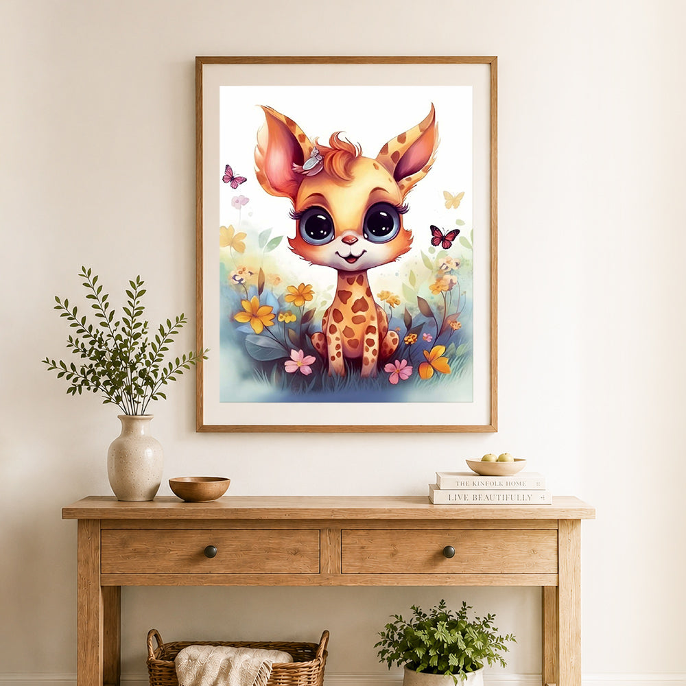 Finished sweet giraffe cub cross stitch artwork displayed as home decor