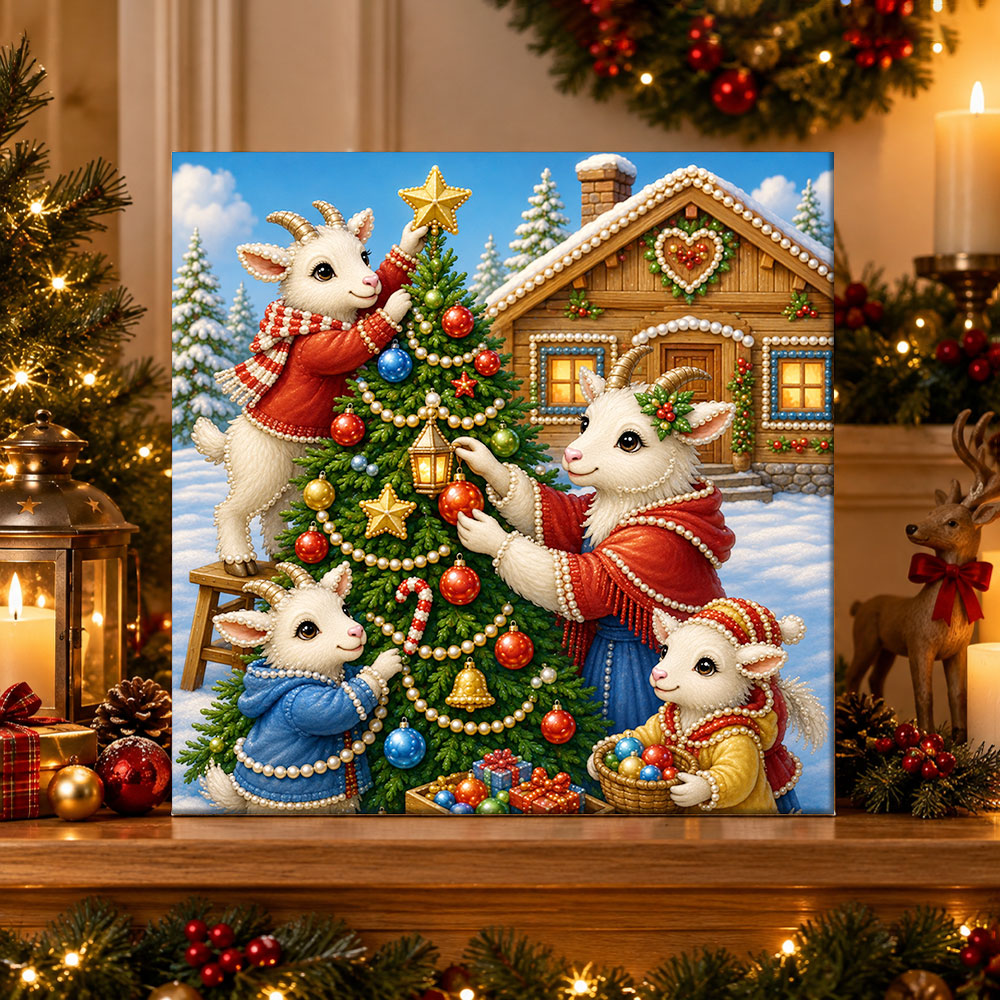 Finished sweet goat family decorating tree pearl diamond painting artwork displayed as holiday home decor