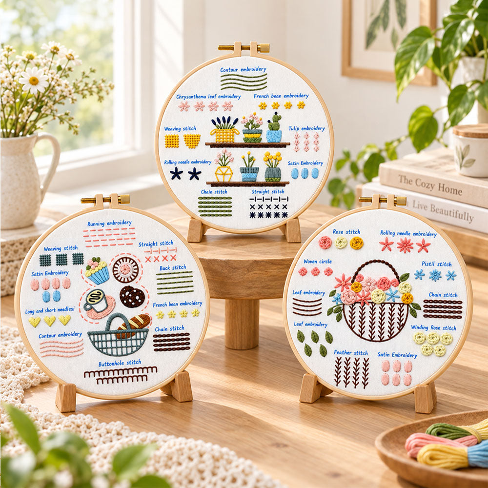 Sweet hand‑stitched art embroidery kit finished hoop displayed on a wooden stand as cozy tabletop decor