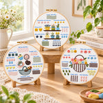 Sweet hand‑stitched art embroidery kit finished hoop displayed on a wooden stand as cozy tabletop decor