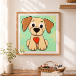 Finished sweet heart puppy cross stitch artwork displayed as home decor