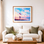 Finished sweet lakeside romance cross stitch artwork displayed as home decor