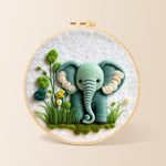 Sweet mint green elephant and plants needle felting kit for beginners with a round wooden frame