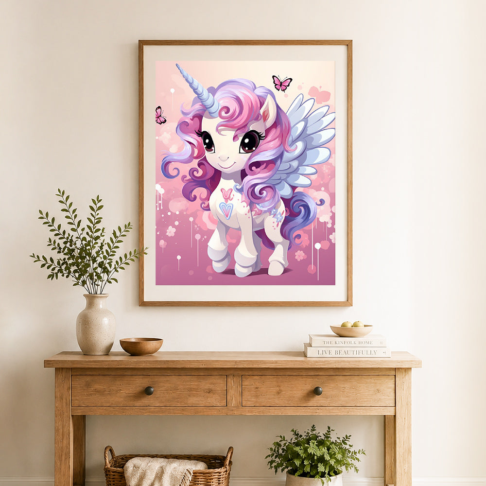 Finished sweet pastel winged unicorn cross stitch artwork displayed as home decor