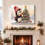 Finished sweet penguin with christmas ornaments pearl diamond painting artwork displayed as holiday home decor