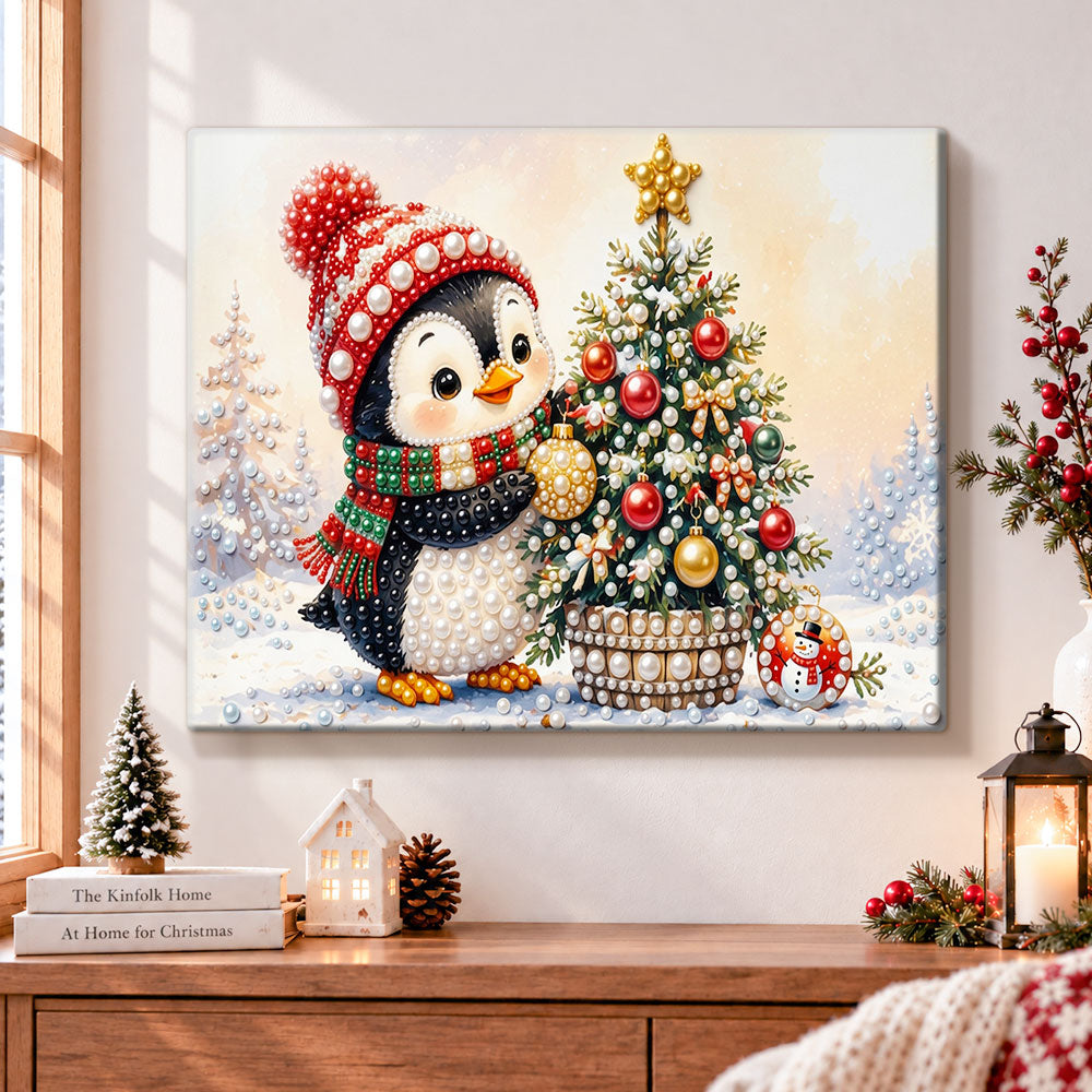 Sweet penguin with christmas ornaments pearl diamond painting kit for beginners