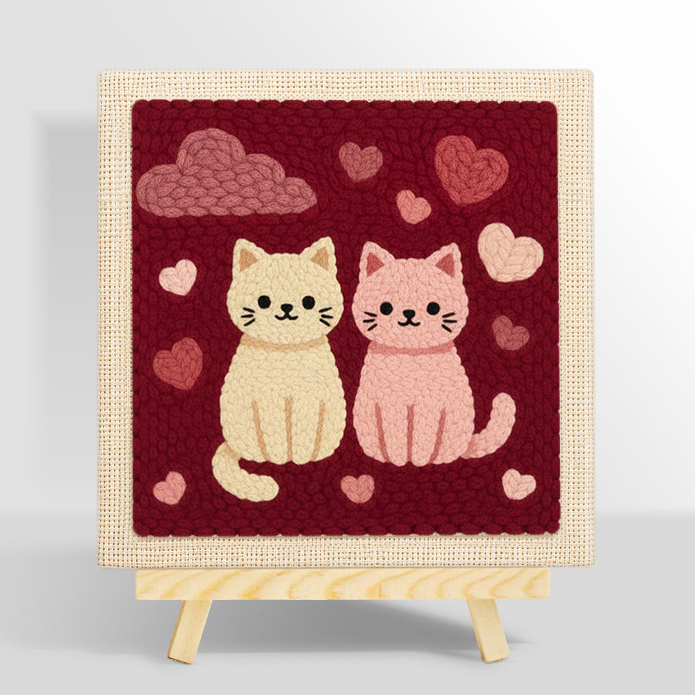 Sweet pink and cream cat couple punch needle kit for beginners