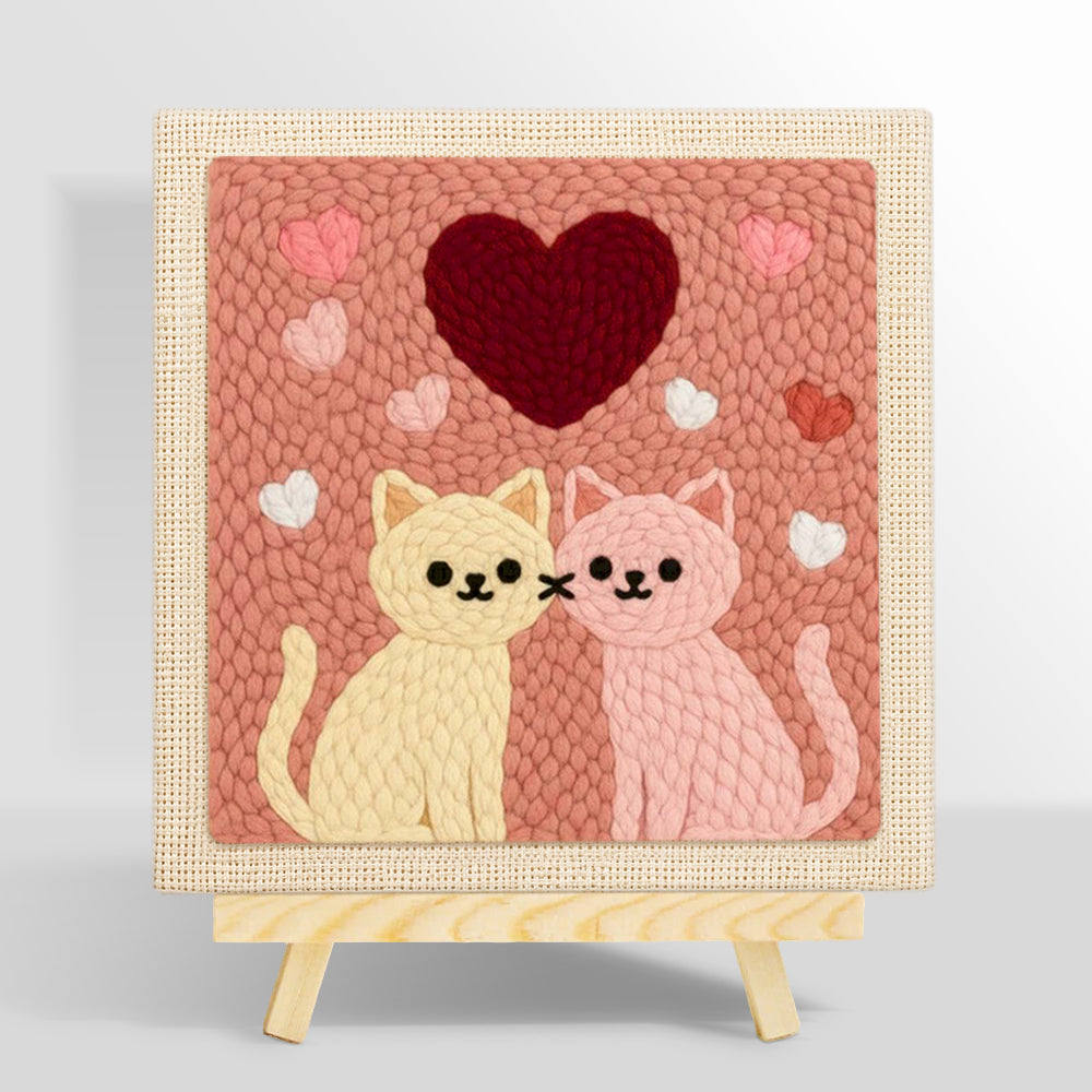 Sweet pink and cream cat pair with large heart punch needle kit for beginners