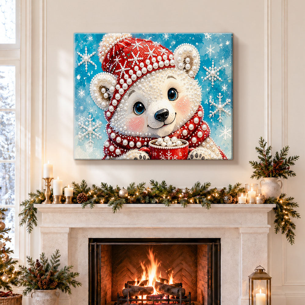 Finished sweet polar bear sipping hot cocoa pearl diamond painting artwork displayed as holiday home decor