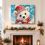 Finished sweet polar bear sipping hot cocoa pearl diamond painting artwork displayed as holiday home decor