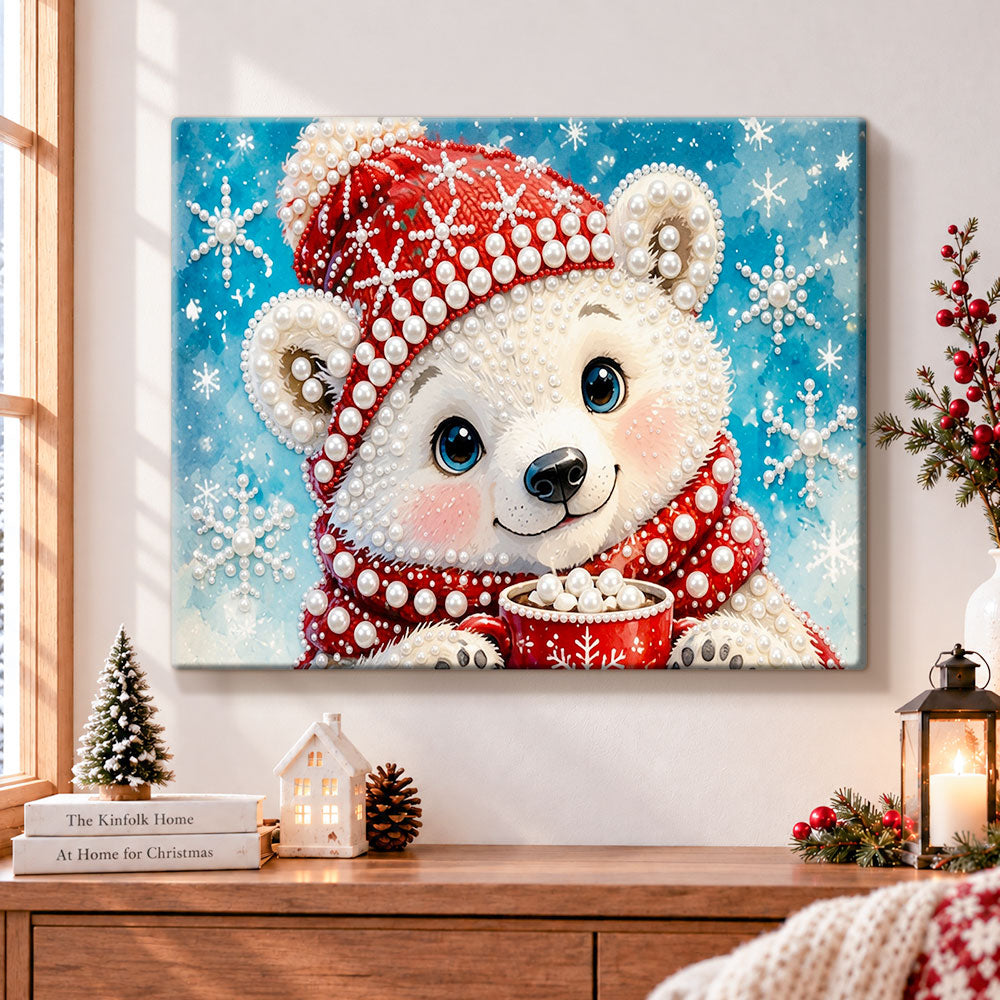 Sweet polar bear sipping hot cocoa pearl diamond painting kit for beginners