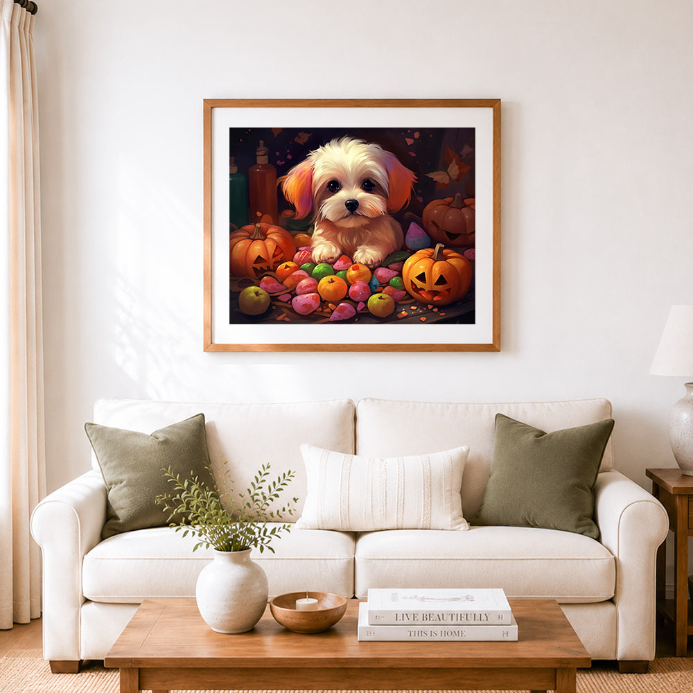 Finished sweet puppy and halloween treats cross stitch artwork displayed as home decor