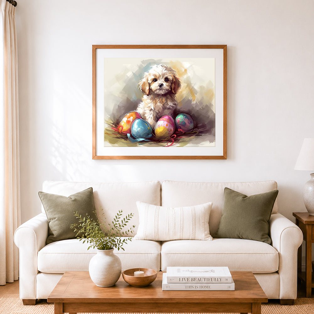 Finished sweet puppy with colorful easter eggs cross stitch artwork displayed as home decor