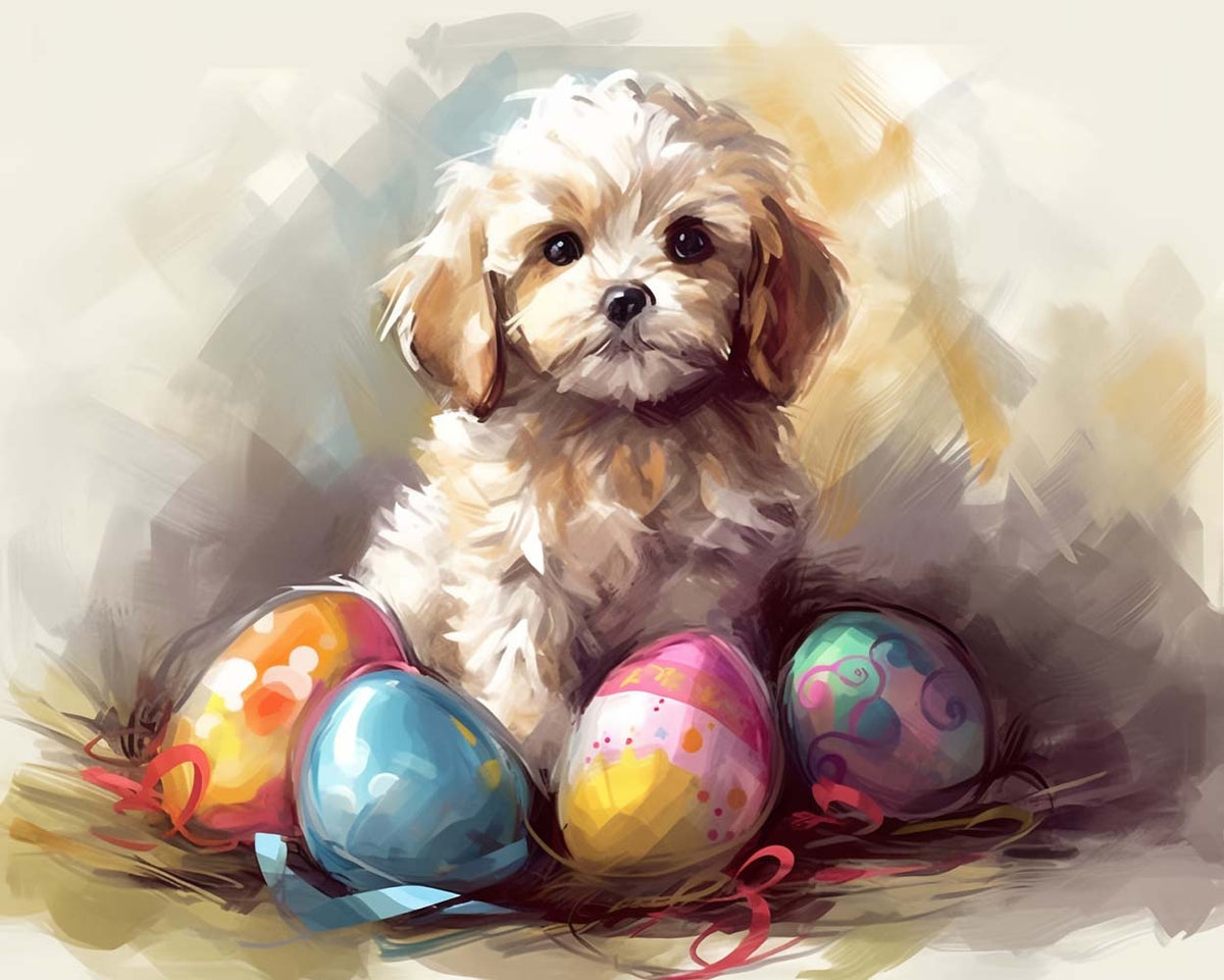 Sweet puppy with colorful easter eggs cross stitch kit for beginners