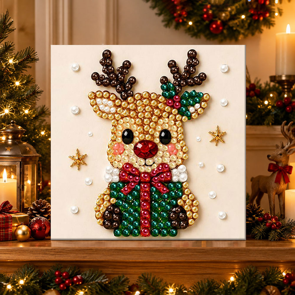 Finished sweet reindeer with gift bow pearl diamond painting artwork displayed as holiday home decor