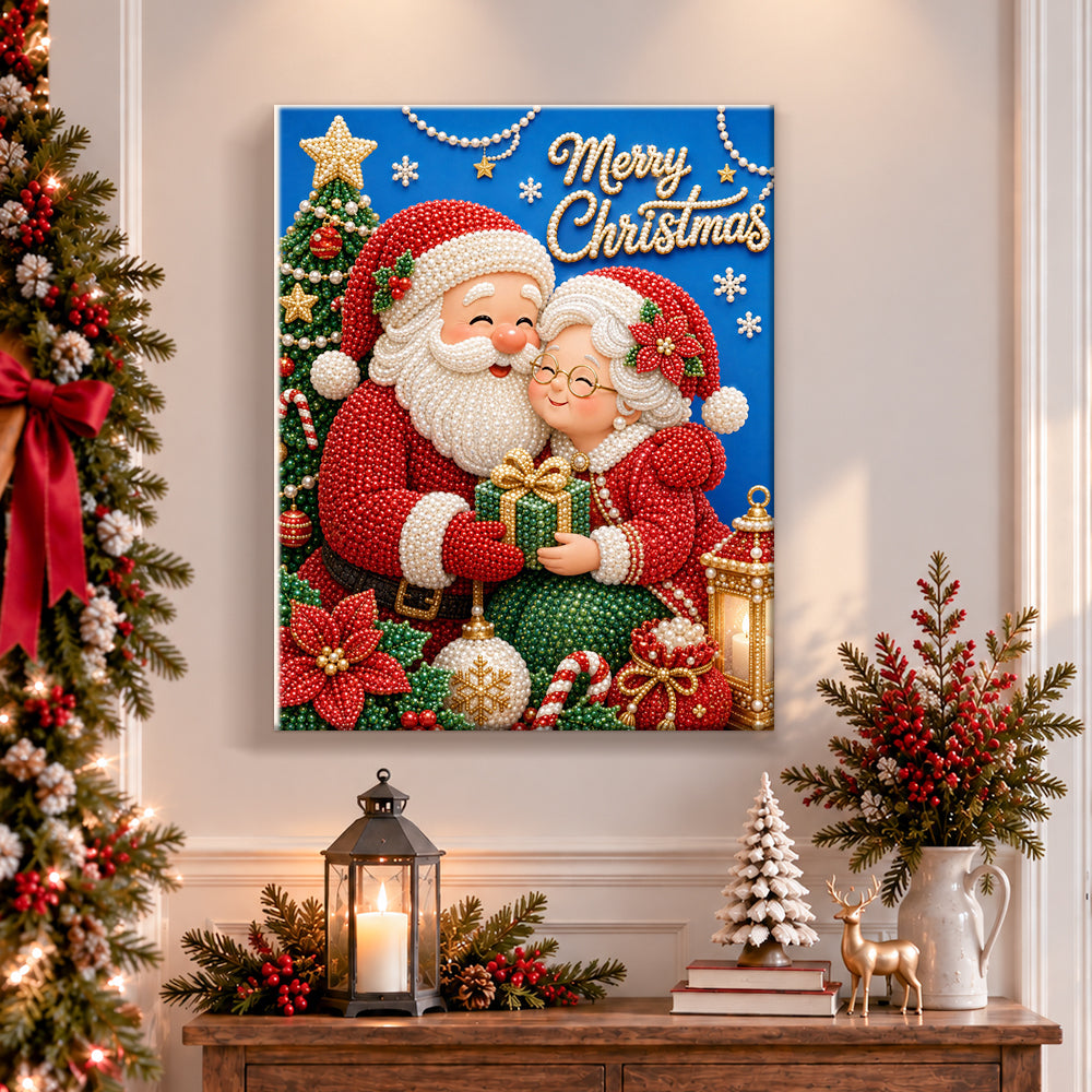 Finished sweet santa couple pearl diamond painting artwork displayed as holiday home decor