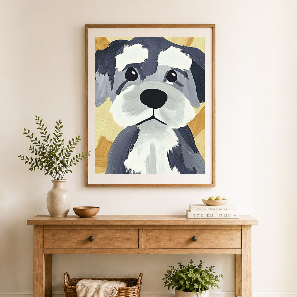 Finished sweet schnauzer portrait cross stitch artwork displayed as home decor