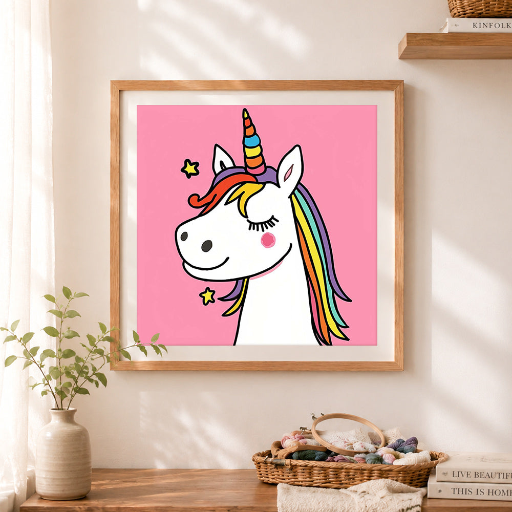 Finished sweet sleepy unicorn cross stitch artwork displayed as home decor