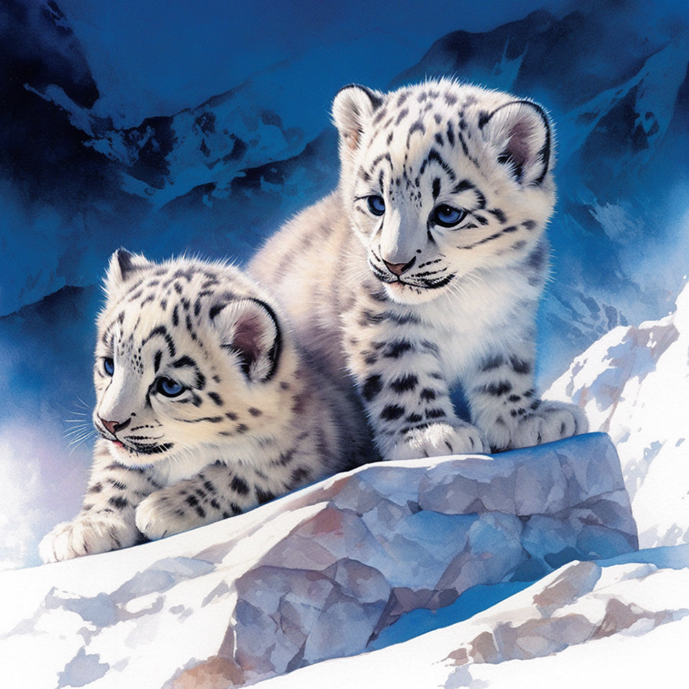 Sweet snow leopard cubs on icy rocks cross stitch kit for beginners