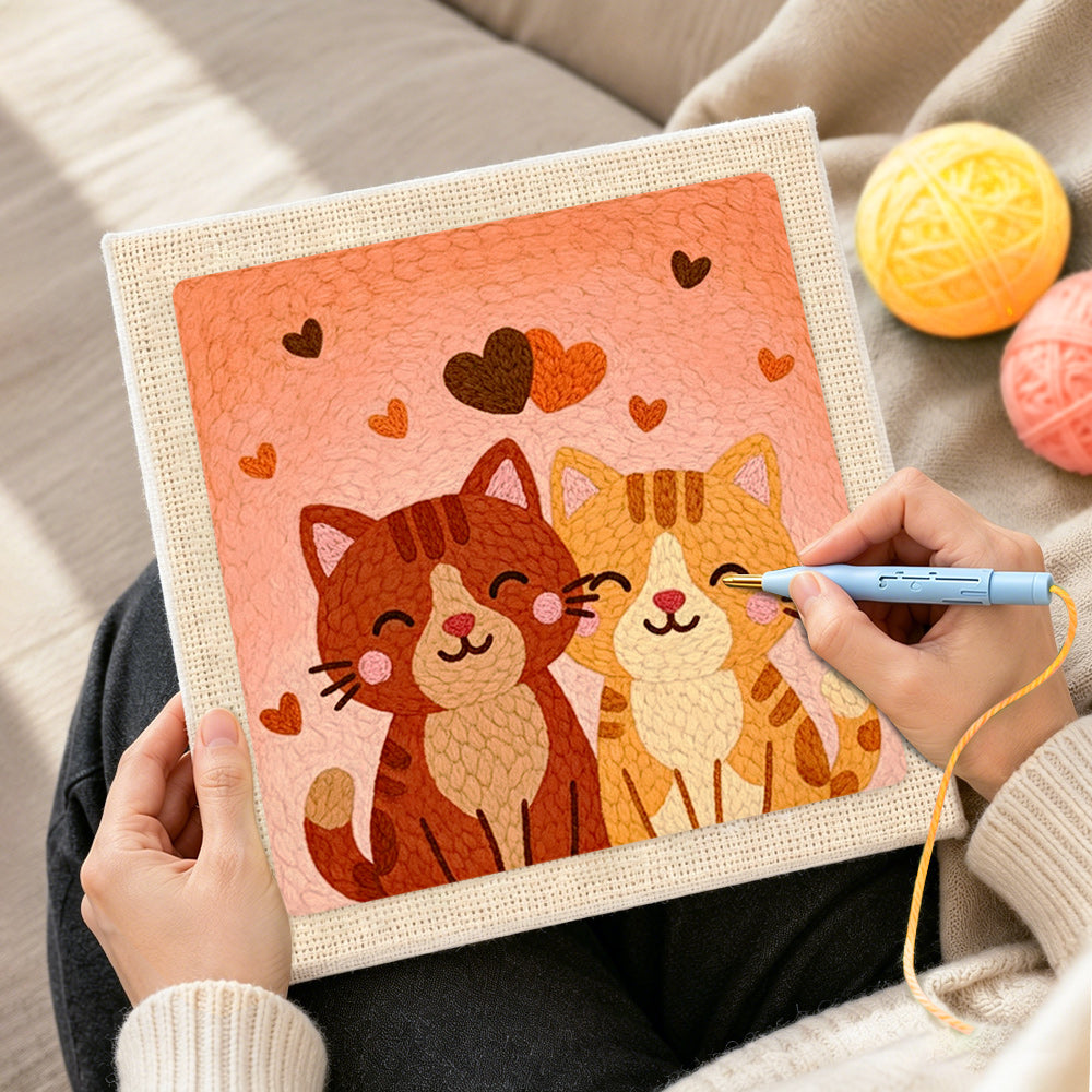 Creating handmade sweet snuggling cat couple punch needle artwork