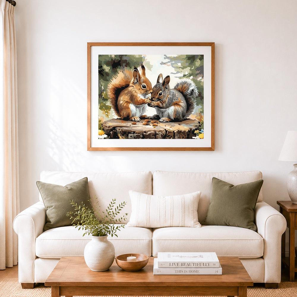 Finished sweet squirrels sharing nuts cross stitch artwork displayed as home decor