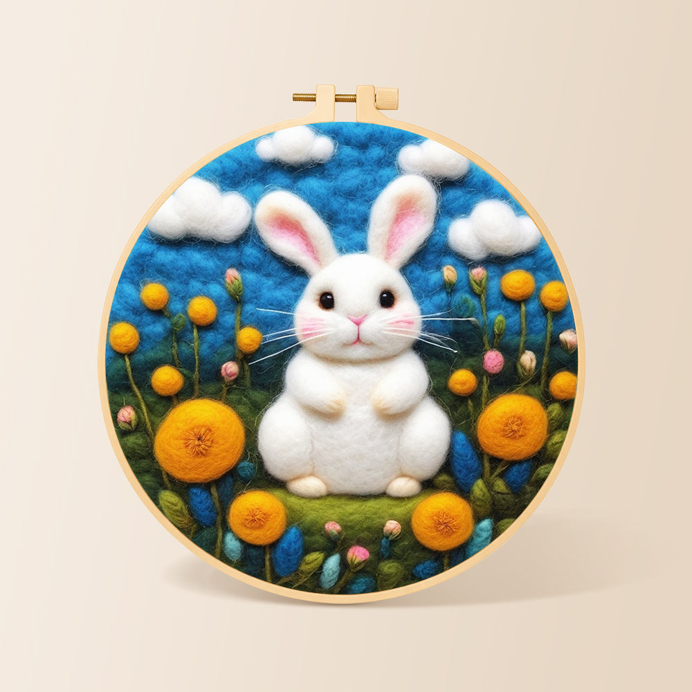 Sweet white bunny among yellow flowers needle felting kit for beginners with a round wooden frame
