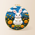 Sweet white bunny among yellow flowers needle felting kit for beginners with a round wooden frame