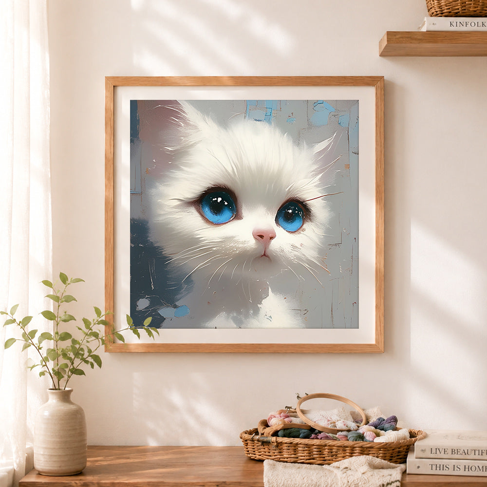 Finished sweet white kitten with bright blue eyes cross stitch artwork displayed as home decor