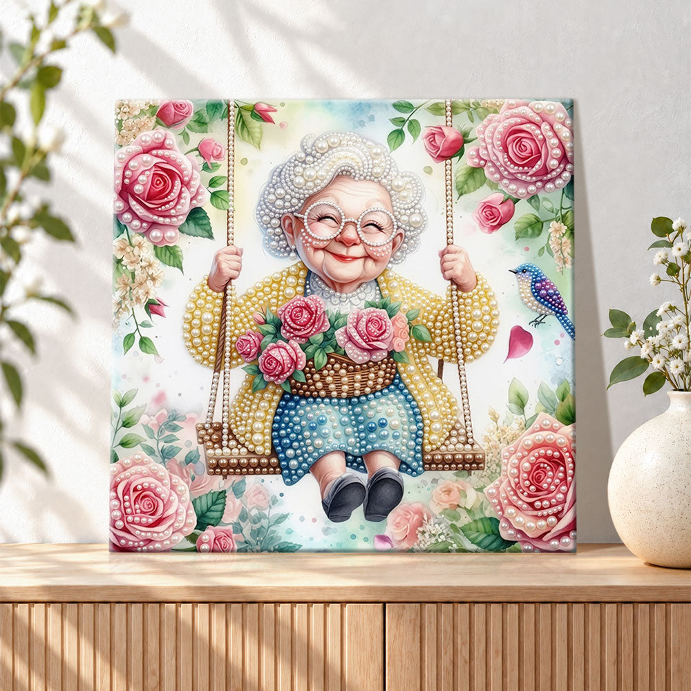 Finished swinging rose grandma pearl diamond painting artwork displayed as holiday home decor