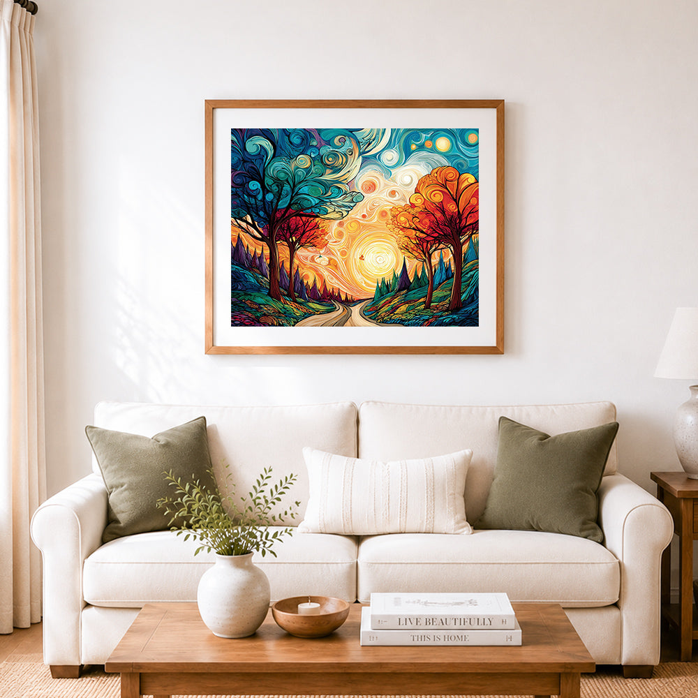 Finished swirling abstract sunset path with colorful trees cross stitch artwork displayed as home decor