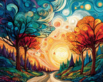 Swirling abstract sunset path with colorful trees cross stitch kit for beginners
