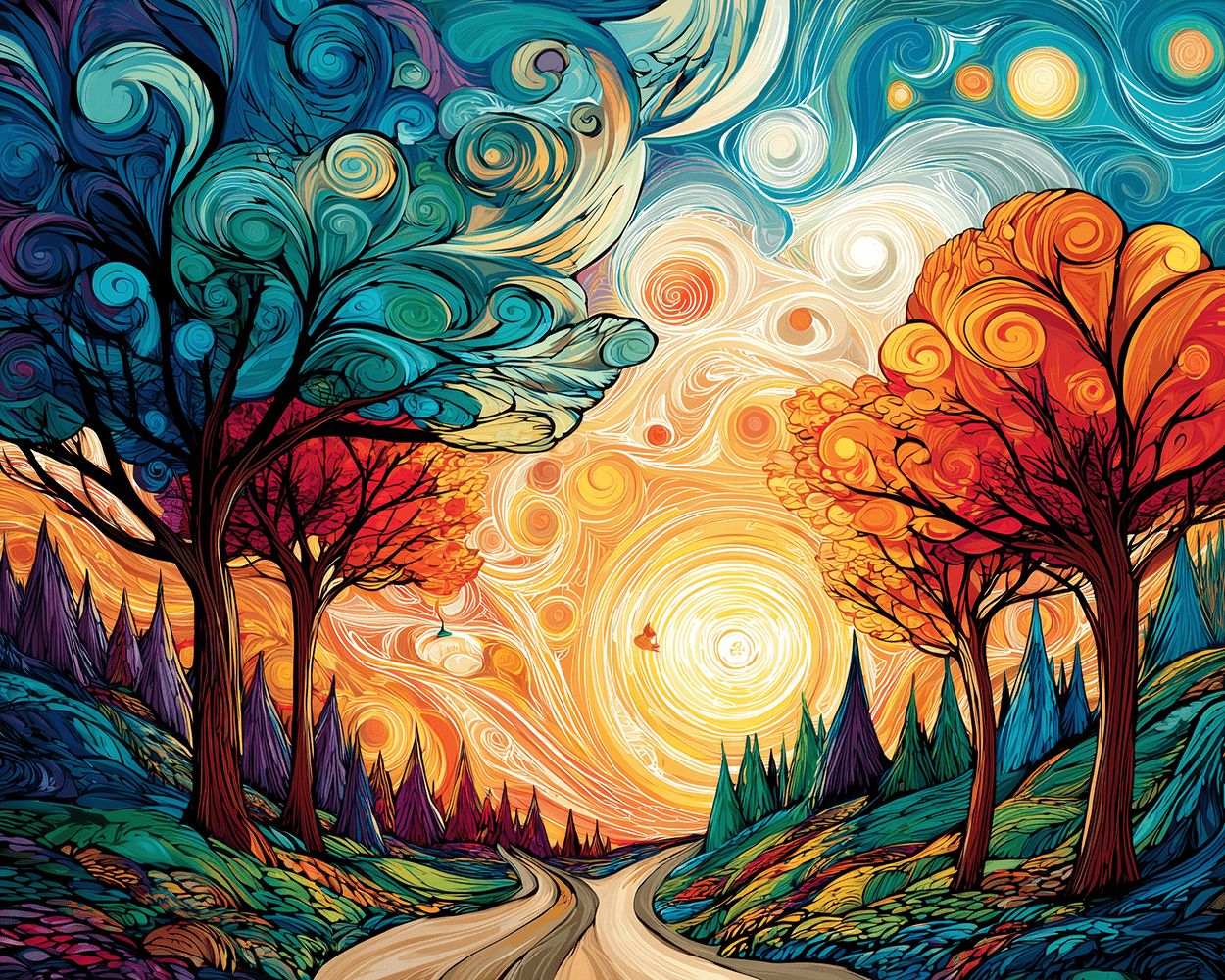 Swirling abstract sunset path with colorful trees cross stitch kit for beginners