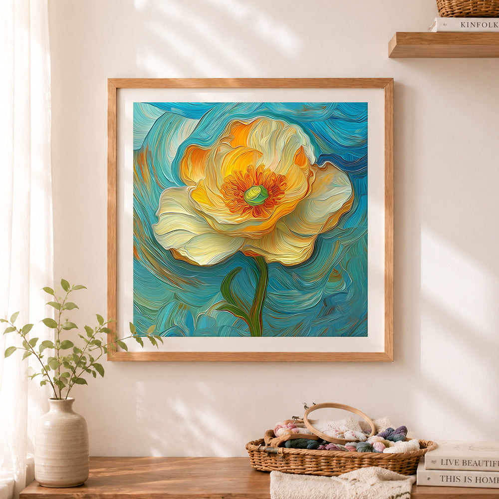 Finished swirling cream and yellow poppy cross stitch artwork displayed as home decor