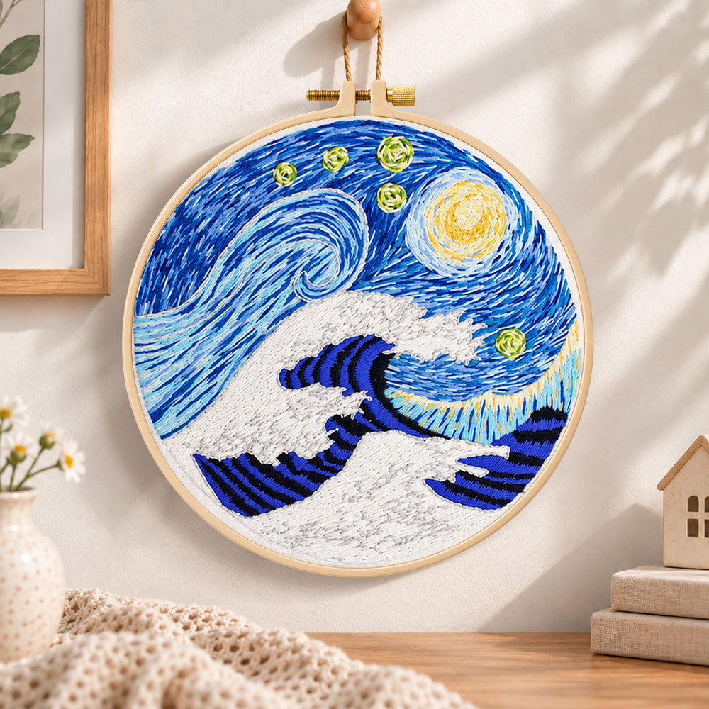 Swirling ocean waves embroidery hoop wall art displayed as warm and cozy handmade home decor