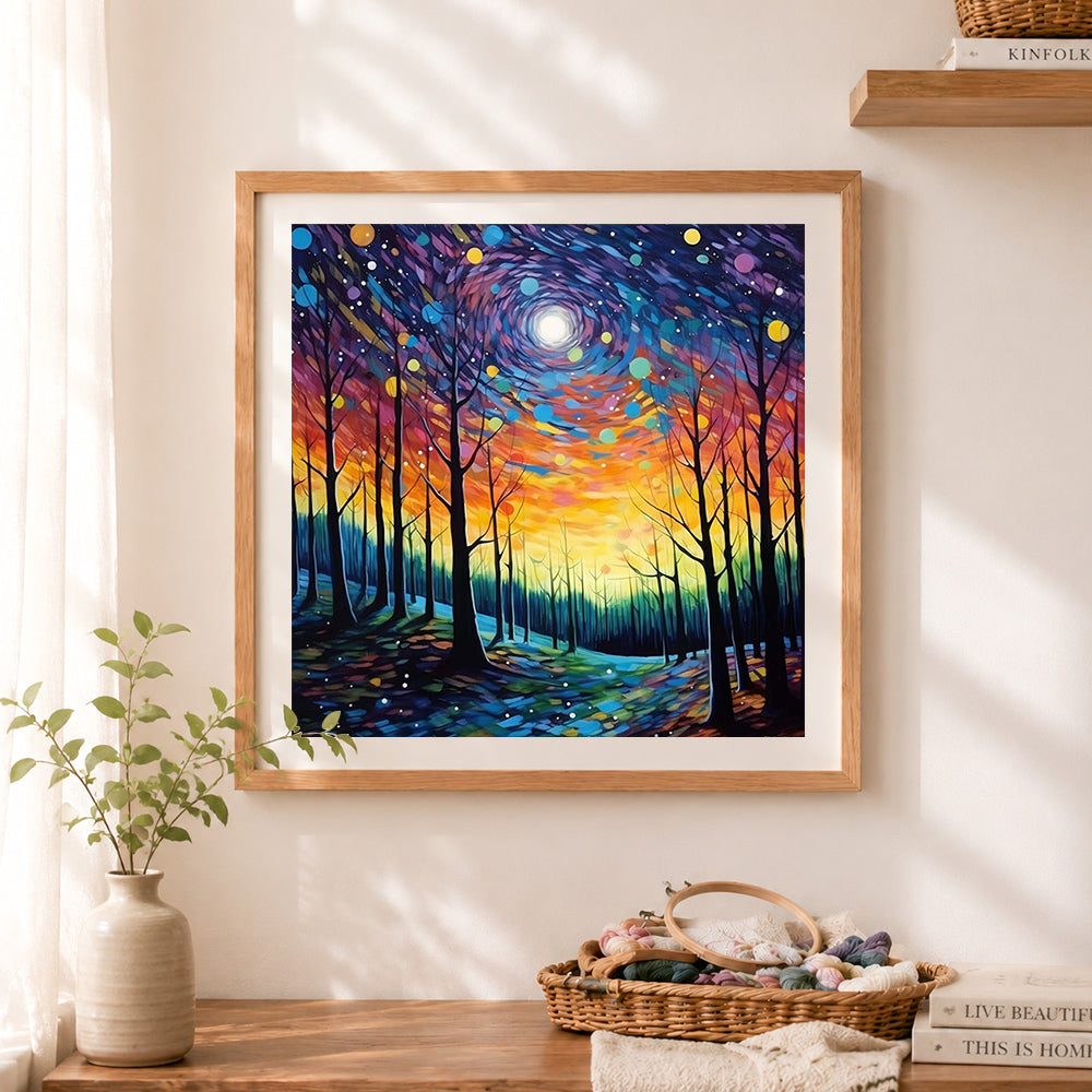 Finished swirly starry night forest cross stitch artwork displayed as home decor