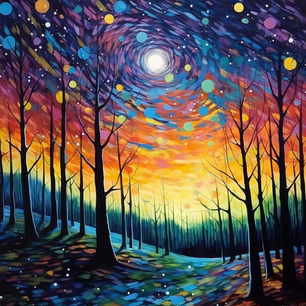 Swirly starry night forest cross stitch kit for beginners