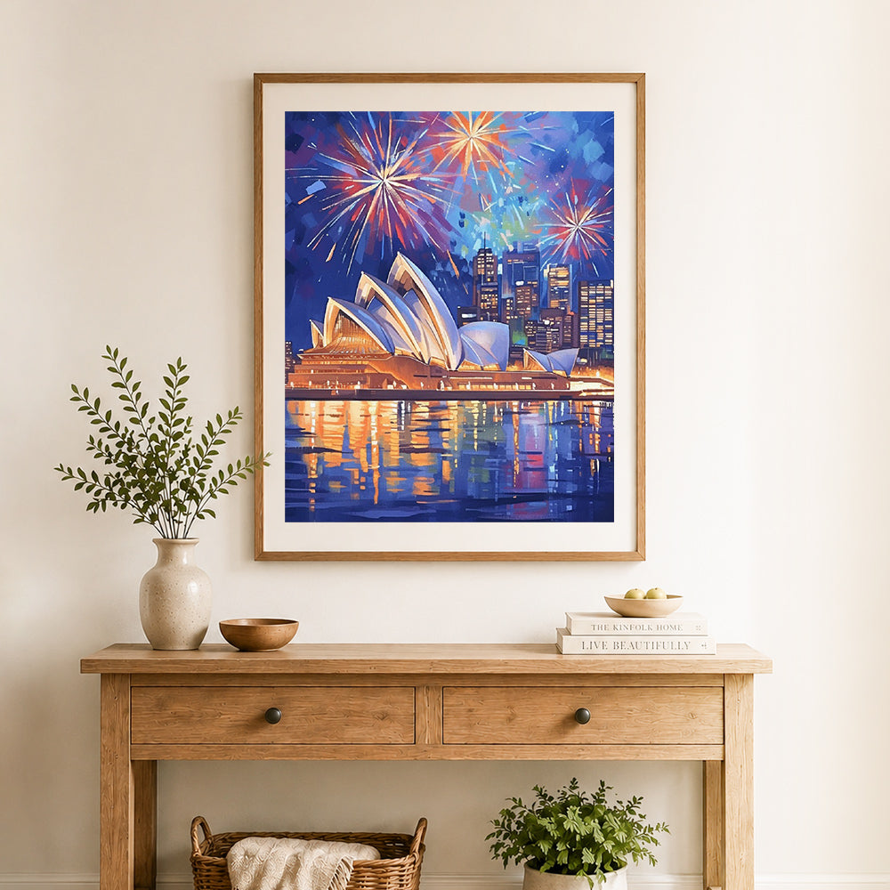 Finished sydney fireworks night cross stitch artwork displayed as home decor