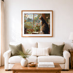 Finished tabby cat watching butterflies at window cross stitch artwork displayed as home decor