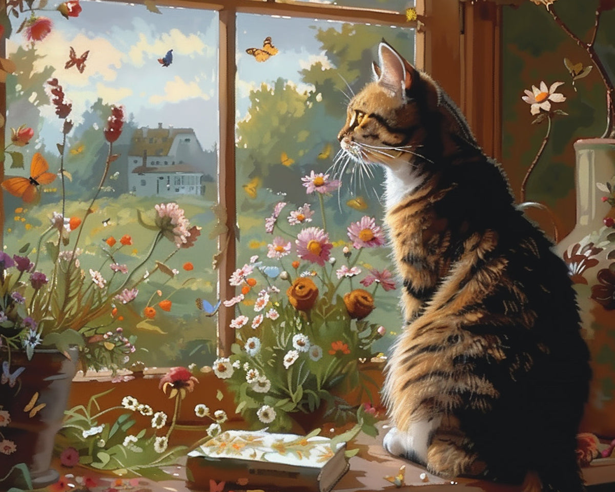 Tabby cat watching butterflies at window cross stitch kit for beginners