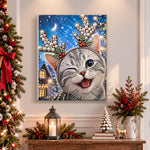 Finished tabby cat with reindeer antlers pearl diamond painting artwork displayed as holiday home decor