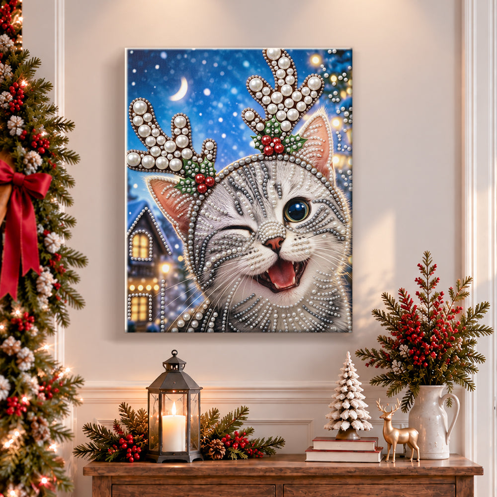 Finished tabby cat with reindeer antlers pearl diamond painting artwork displayed as holiday home decor