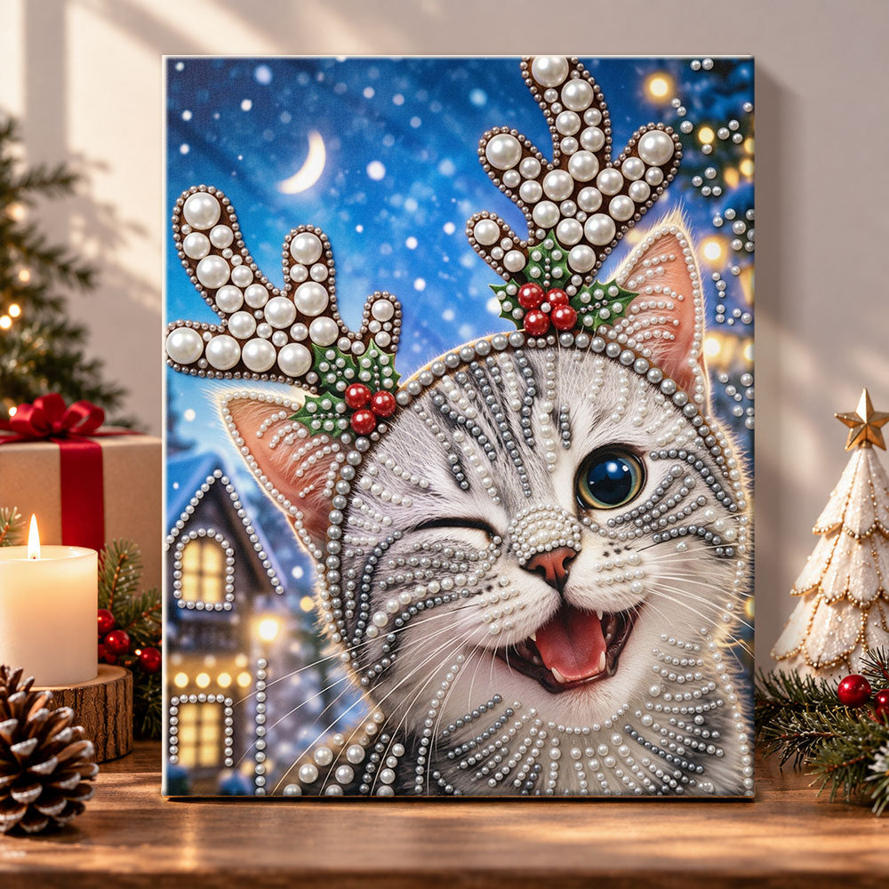 Tabby cat with reindeer antlers pearl diamond painting kit for beginners