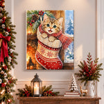 Finished tabby kitten inside christmas stocking pearl diamond painting artwork displayed as holiday home decor