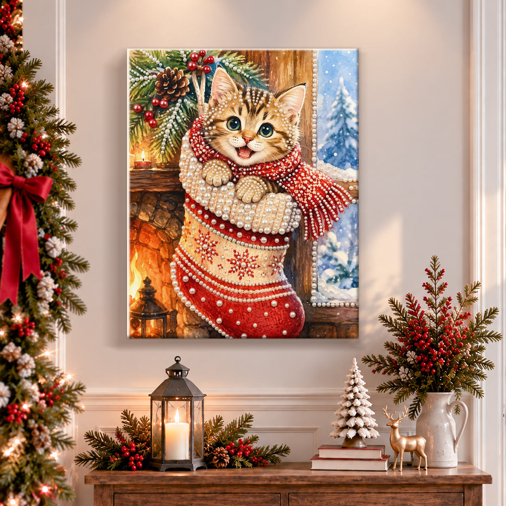 Finished tabby kitten inside christmas stocking pearl diamond painting artwork displayed as holiday home decor